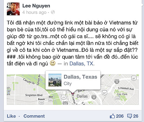 Trong khi đó, Lee Nguyễn tỏ lại ra không quá quan tâm tới những bức xúc của Pha Lê. Anh vẫn giữ vững quan điểm không hề quen biết nữ ca sĩ khi còn ở Việt Nam: 'Tôi đã nhận được một đường link một bài báo ở Việt Nam từ bạn bè của tôi, tôi có thể hiểu nội dung của nó với sự giúp đỡ từ go.trs. Một cô gái ca sĩ... sẽ không có gì là bất ngờ khi tôi chắc chắn lại một lần nữa tôi chẳng biết gì về cô ta khi còn ở Việt Nam. Đó là một sự sắp đặt? Tôi không bao giờ quan tâm tới vấn đề đó'.