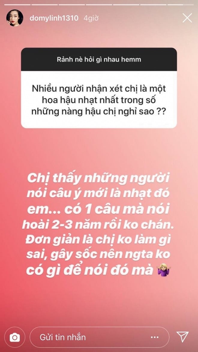 Đỗ Mỹ Linh đáp trả khi bị chê là Hoa hậu nhạt nhất trong các nàng Hậu.  