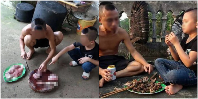 Hai anh em Tam Mao đã thịt và làm món “Thần điêu xào xả ớt”. Ảnh cắt từ clip.