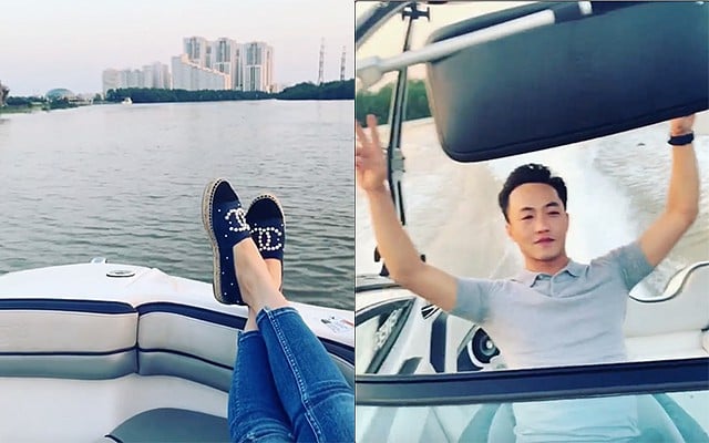Cường Đô la lái ca-nô chở vợ chưa cưới Đàm Thu Trang.    