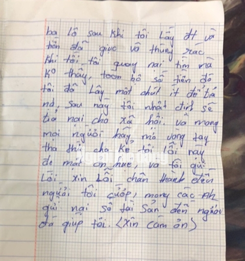 Nội dung lá thư của đối tượng thực hiện vụ cướp. (Ảnh NLĐ)