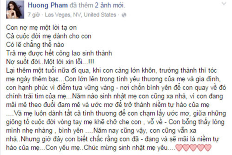 Phạm Hương từng xúc động cho biết cô nợ mẹ rất nhiều và không thể nào trả hết được. Đối với người đẹp gốc Hải Phòng, điểm tựa cũng như là nơi chốn bình yên để cô trở về chính là trái tim của mẹ.  