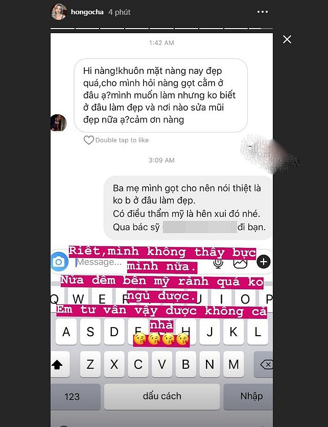 Đoạn chat gây chú ý của Hồ Ngọc Hà.    