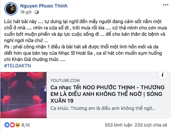 Noo Phước Thịnh bất ngờ đăng tải dòng trạng thái rất liên quan.  