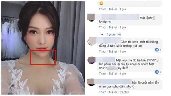 Chiếc cằm nhọn hoắt, lệch hẳn sang 1 bên của mỹ nhân 9X khiến dân mạng chú ý, nhiều người ví von trông chẳng khác nào trái xoài.      