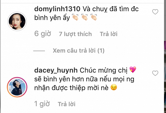 Nhiều bạn bè như Hoa hậu Đỗ Mỹ Linh, Á hậu Thuỳ Dung, Hoa hậu Dương Thuỳ Linh... đã để lại bình luận chúc mừng Ngọc Hân.