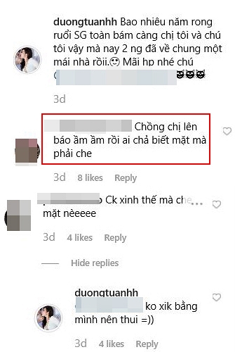 Tú Anh nhẹ nhàng nói lý do che mặt chồng.