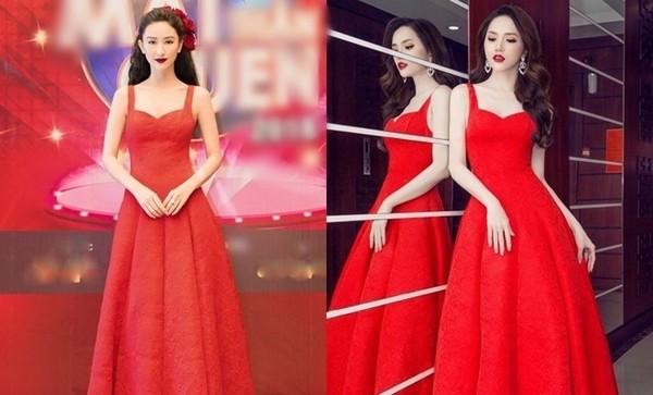Với thiết kế này Hà Thu đụng hàng Hương Giang, tuy nhiên cùng 1 chiếc váy, 2 người mặc lại chỉ có 1 số phận mà thôi. Bởi mặc bộ váy hai dây màu đỏ, Hương Giang và Hà Thu đều toát lên vẻ đẹp mong manh, nhưng không kém phần gợi cảm.  