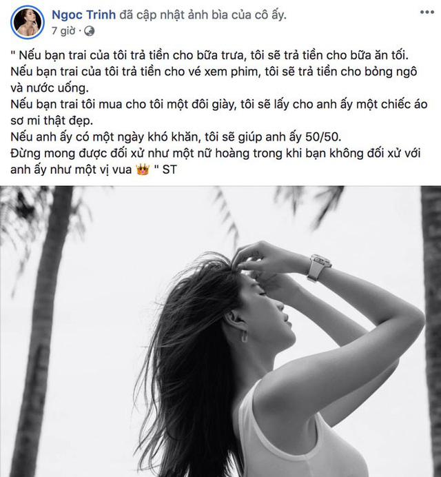 Ngọc Trinh cập nhật ảnh bìa mới cùng status về tình yêu.  