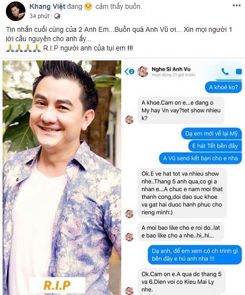 Tin nhắn cuối cùng của nghệ sĩ Anh Vũ trước khi qua đời.
