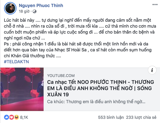 Noo Phước Thịnh bất ngờ đăng tải dòng trạng thái rất liên quan.    