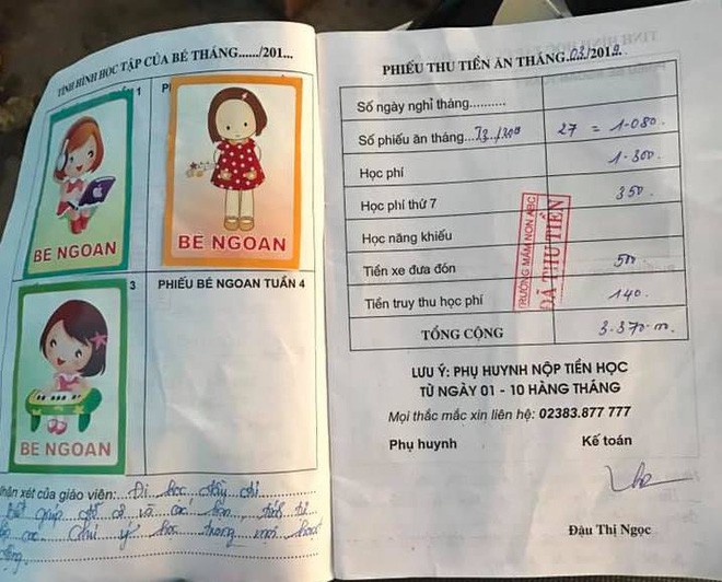 Gia đình bé Th. cũng đưa ra nhiều hình ảnh về việc đóng tiền học phí hàng tháng nhưng vẫn bị ghi nợ học phí.