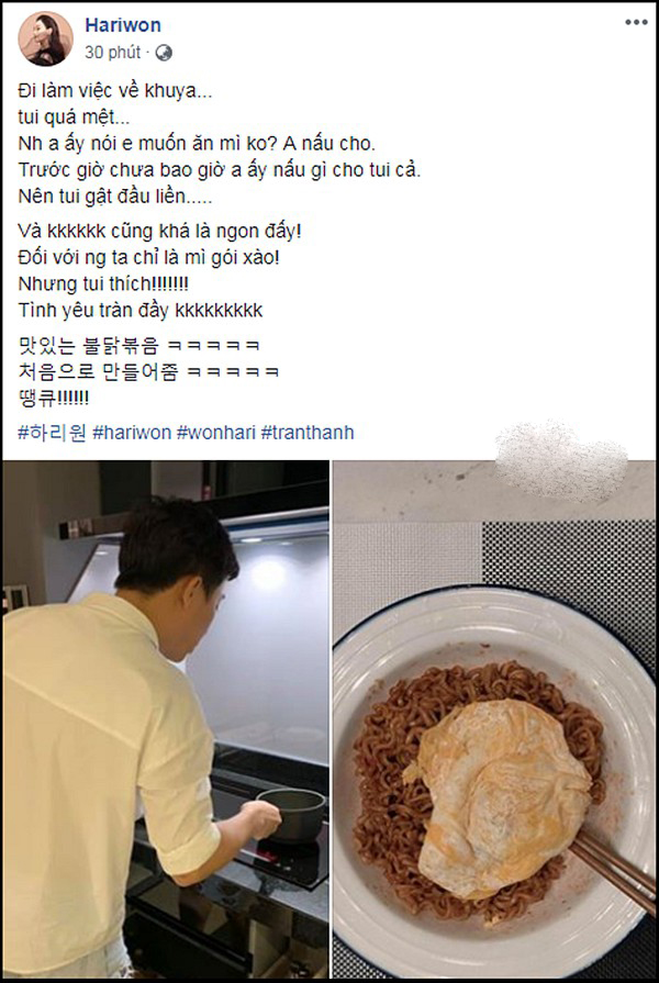 Trấn Thành xuống bếp nấu mì phục vụ bà xã đi làm về khuya.    