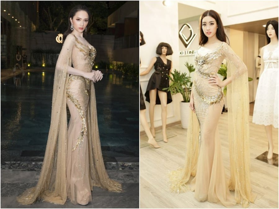 Cơ duyên của Đỗ Mỹ Linh và Hương Giang còn tiếp tục tái diễn khi họ cùng diện một thiết kế tông vàng ánh kim của NTK Đỗ Long. Và thật trùng hợp, layout makeup lần đó của họ cũng na ná nhau.    