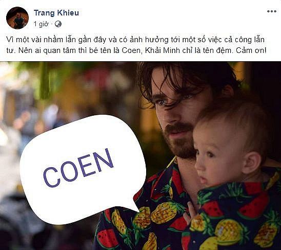 Trang Khiếu đăng ảnh chồng con và tiết lộ tên của con trai.    