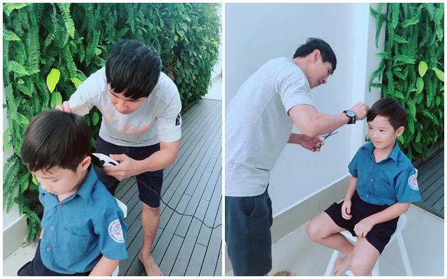 Lý Hải cắt tóc cho con trai