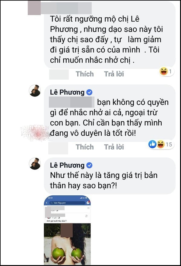 Lê Phương đáp trả gay gắt tài khoản mạng công kích. Phản ứng của cô nhận được nhiều sự ủng hộ từ người hâm mộ.    