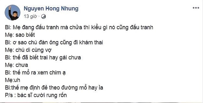 Đoạn hội thoại giữa Hồng Nhung và con trai Bi béo.    
