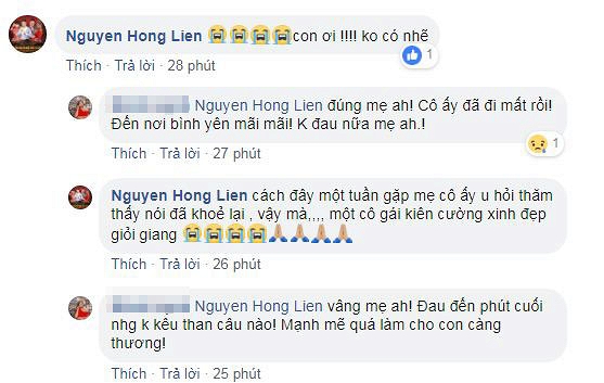 Nghệ sĩ Hồng Liên bật khóc khi một người bạn chia sẻ về việc cựu người mẫu Như Hương qua đời.    