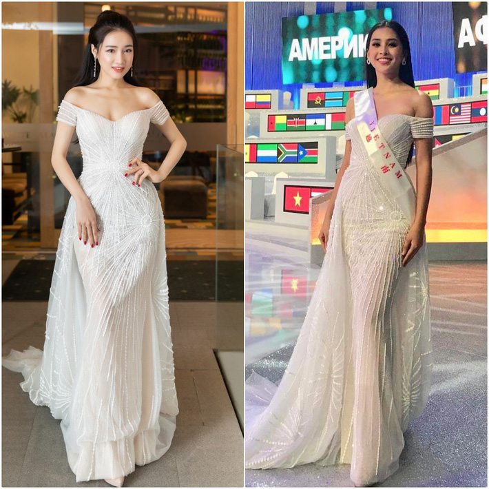 Khó có thể so bì về nhan sắc bởi mỗi người lại có một nét đẹp riêng, một người là ngọc nữ màn ảnh, một người còn là Tân Hoa hậu. Thua thiệt về chiều cao nhưng bù lại nhờ vòng 1 đẫy đà mà Nhã Phương có phần lấn át HH Tiểu Vy khi diện chung một thiết kế đầm trắng trễ vai.    
