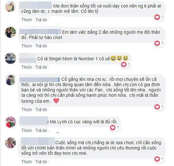 Tâm sự của Dương Cẩm Lynh nhận được sự quan tâm lớn của mọi người. Đông đảo bạn bè và khán giả đã gửi lời an ủi, động viên đến bà mẹ đơn thân.    