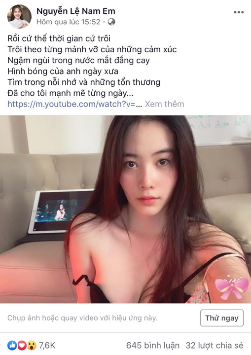Bẵng đi một thời gian không đăng tải ảnh mới, Nam Em lại gây náo loạn khi tái xuất mạng xã hội. Hoa khôi đồng bằng sông Cửu Long khoe vòng một quyến rũ với áo dây. Đây được xem là lần khoe da thịt táo bạo nhất của cô nàng từ trước đến nay trên mạng xã hội.  