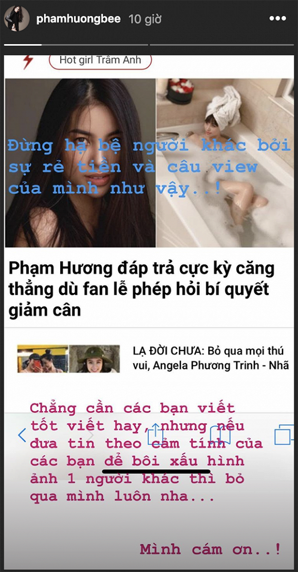 Phạm Hương bức xúc vì bị đưa thông tin cảm tính nhằm hạ bệ mình.    