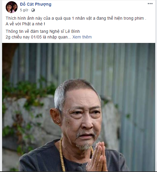 Ít giờ trước, nữ diễn viên Cát Phượng cũng thông tin thêm về đám tang nghệ sĩ Lê Bình trên trang cá nhân. Tuy nhiên, điều đáng chú ý hơn cả là bình luận của một tài khoản mạng: 
