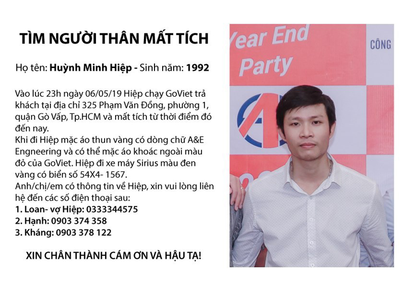Thông tin tìm kiếm anh Hiệp.