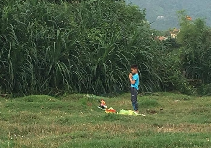 Bé trai đứng khấn nguyện thành tâm trước mộ.