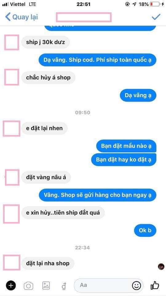 Đoạn tin nhắn giữa cô nàng và shop bán hàng.