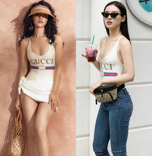 Một trong những mẫu đồ bơi có lực ”sát thương” cực cao chính là mẫu áo tắm in logo Gucci. Bằng chứng là Khánh Linh hết diện như bikini lại mix thành áo ra đường mà vẫn tự tin tuyệt đối.    