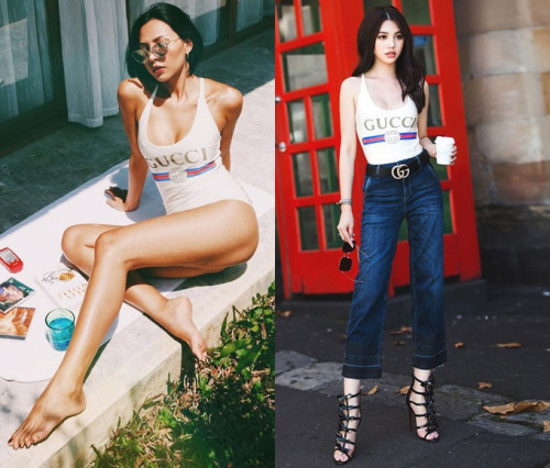 Khi làm đồ bơi thì item của Gucic khiến Minh Triệu tôn đường cong hết cỡ, khi trở thành tank top, mix quần jeans ra phố lại giúp Jolie Nguyễn làm bật vẻ sang chảnh, kiêu kỳ tối đa.    