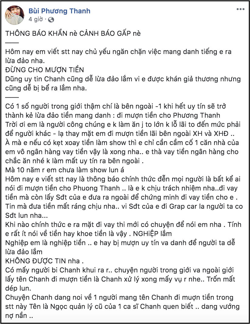 Chia sẻ của Phương Thanh trên trang cá nhân mới đây.    
