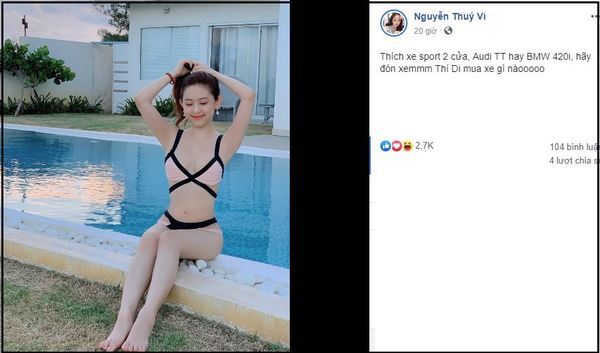 Trước đó ít hôm, thúy Vi từng đăng đàn khảo sát nên mua xe gì.  