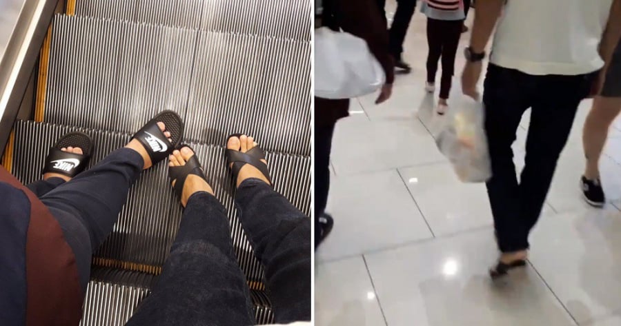 Anh chàng đi giày cao gót của mẹ trong trung tâm thương mại.