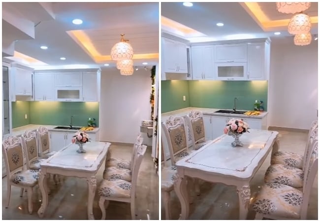 Phòng bếp với bộ bàn ăn 6 ghế kiểu cổ điển, sang trọng hài hòa.  