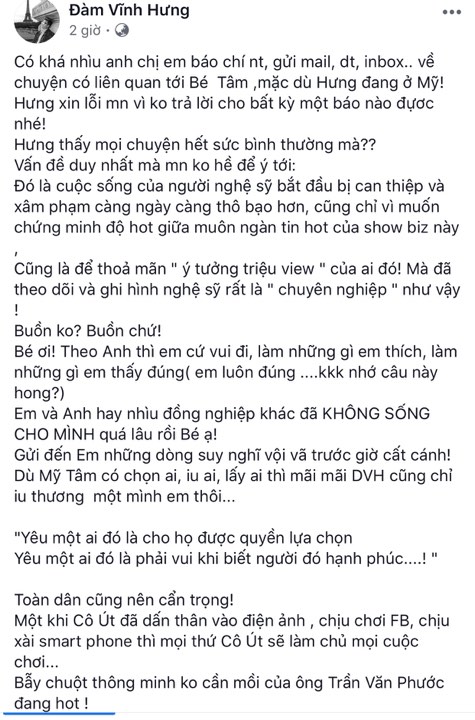 Đàm Vĩnh Hưng đăng tải dòng trạng thái trước những ồn ào tính ái của nữ ca sĩ Mỹ Tâm.
