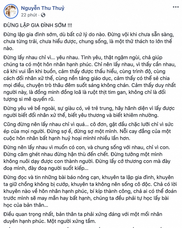 Nguyên văn dòng trạng thái Thu Thủy nhắn nhủ đến mọi người, đặc biệt là những người phụ nữ.