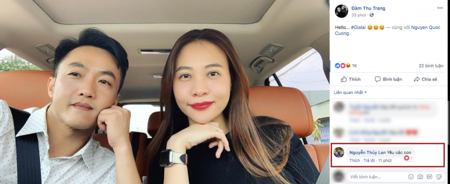 Mẹ Đàm Thu Trang để lại bình luận thể hiện tình cảm với con gái và con rể.    
