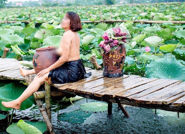 Hình ảnh tạo dáng phản cảm của người phụ nữ giữa hồ sen.