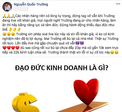Quốc Trường xóa livestream và xin lỗi người hâm mộ về sự cố.