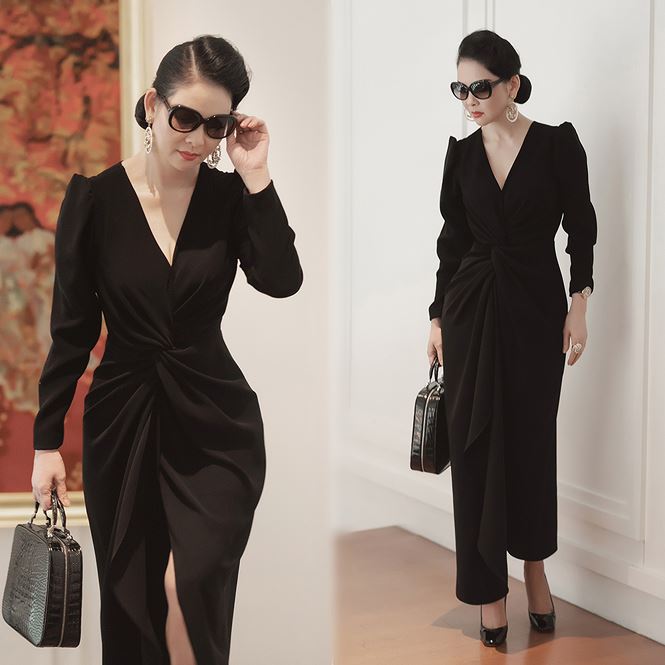 Người đẹp Thuỷ Hương diện chiếc đầm dài không hoạ tiết được tạo điểm nhấn bằng đường xẻ ngực và xẻ tà chừng mực.