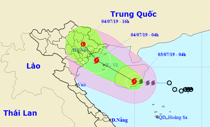Dự báo đường đi và hướng di chuyển của bão số 2. (Ảnh: TTKTTVQG).