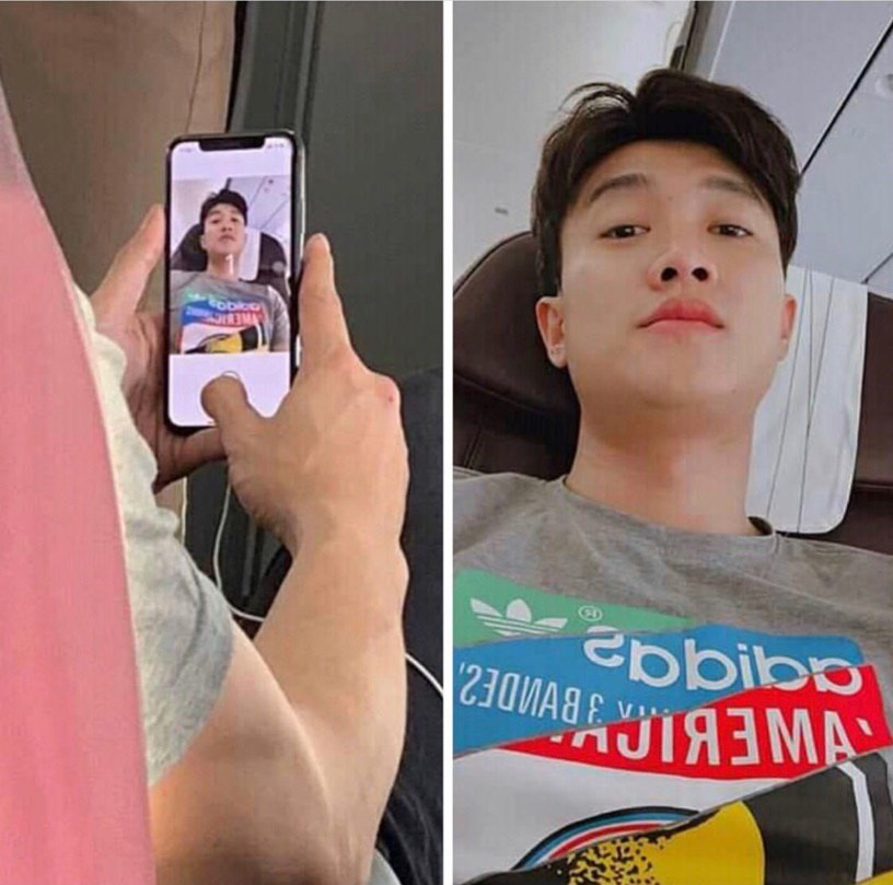 Bức ảnh bị fan chụp lén và hình ảnh đang selfie trên máy bay được Quốc Trường hào hứng chia sẻ.    