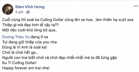 Đàm Vĩnh Hưng vừa chia sẻ hình ảnh thiệp cưới của Cường Đô la và Đàm Thu Trang với tâm trạng vui vẻ và thích thú. 