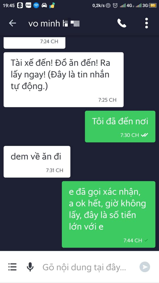 Đoạn tin nhắn của shipper và thanh niên 