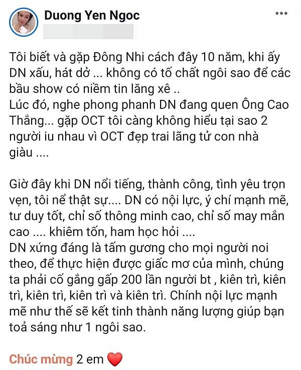 Dòng trạng thái gây tranh cãi của Dương Yến Ngọc.