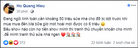 Dòng trạng thái được Hồ Quang Hiếu chia sẻ trên trang cá nhân với mục đích 