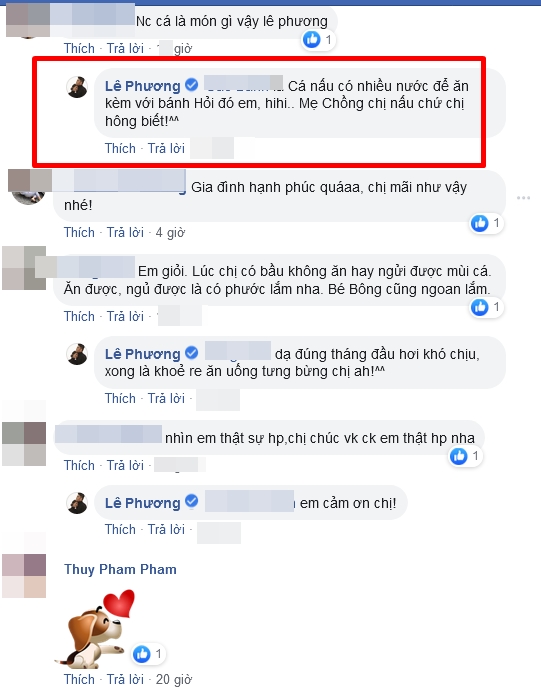 Trò chuyện với mọi người, bà xã Phạm Trung Kiên bật mí món nước cá đó là do mẹ chồng cô tự tay vào bếp chế biến.